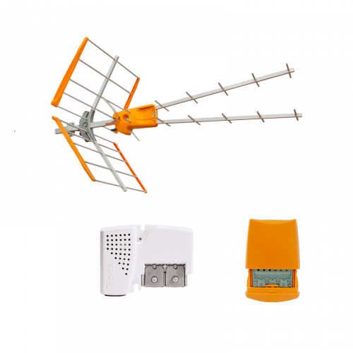 Kit: Antenna V Zenit UHF (Art. 149221) + Amplificatore da palo, 3 ingressi (Art. 536023) + Alimentatore 12V (Art. 579401)