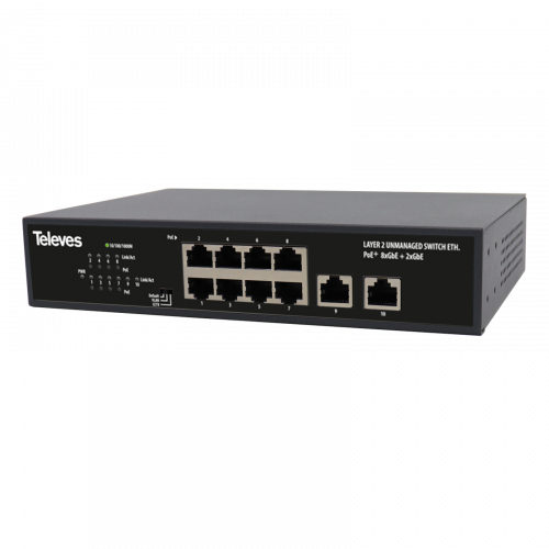 Commutateur Ethernet Layer 2 non gérable 8xGbE (Long range PoE+, 120W) + 2xGbE